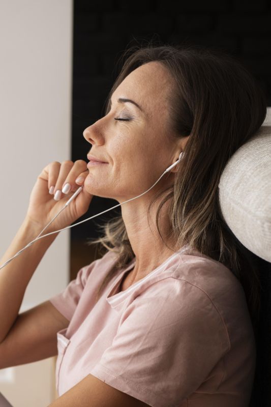 Kvinna som blundar och lyssnar i hörlurar på ljudfilen från Sweet No More.